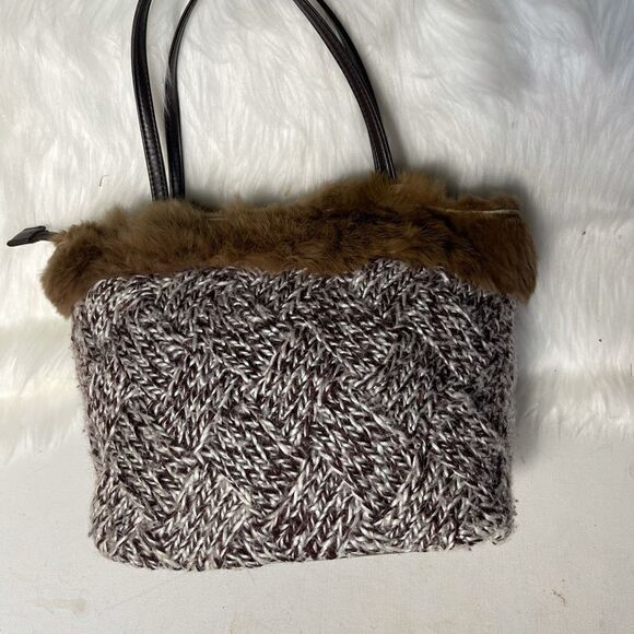 Murval Paris brown & Beige knit with faux fur small tote bag double hand… - Picture 4 of 11
